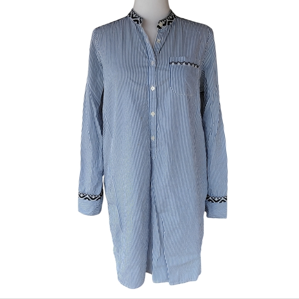 J. Crew Embroidered Striped Boyfriend Shirt Dress Midi Lwngth Size Small